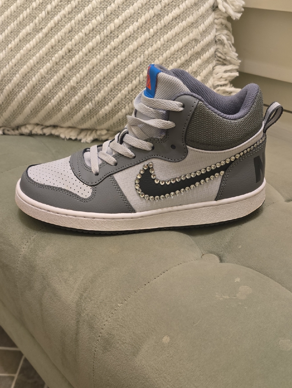 Nike Youth Gray and Black High-Top Sneakers with Rhinestone Swoosh
